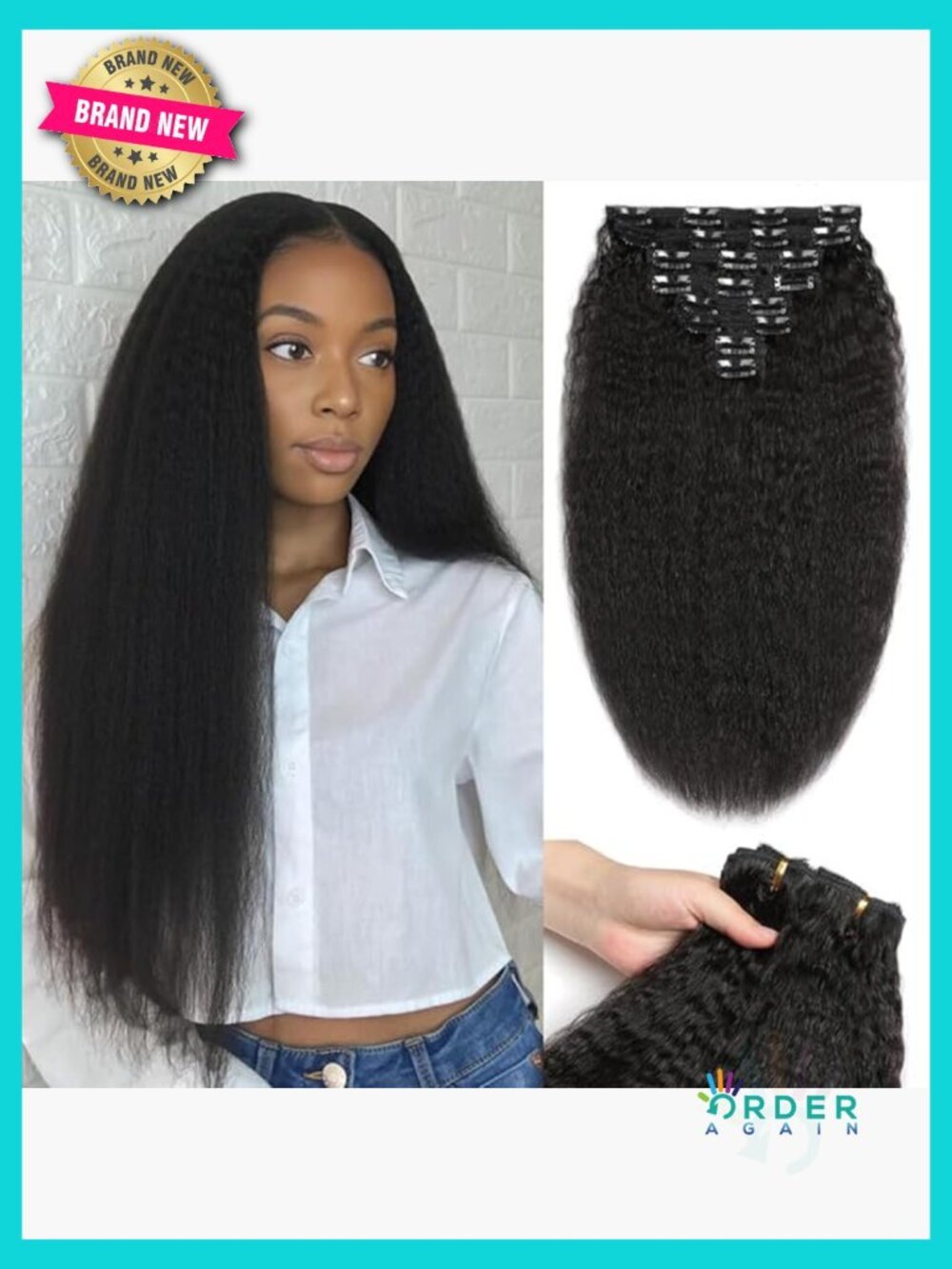 24 inch Kinky Straight Clip in Hair Extensions 8 Pcs Real Human Hair Natural